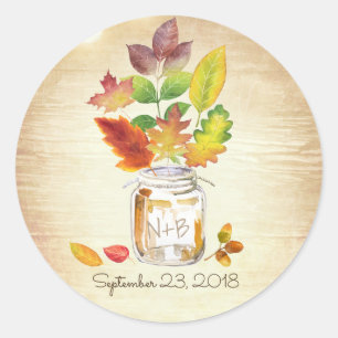 Pegatina Redonda Mason Jar Fall deja a un Boda de Madera Rústica