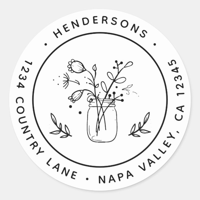 Pegatina Redonda Mason Jar Flowers Round Return Address (Anverso)