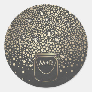 Pegatina Redonda Mason Jar Gold luce a un Boda de pizarra rusa