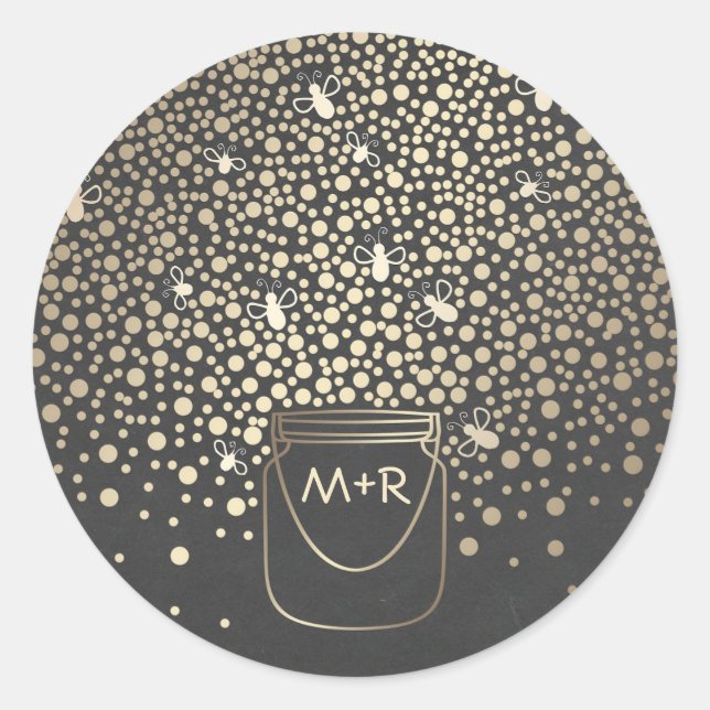 Pegatina Redonda Mason Jar Gold luce a un Boda de pizarra rusa (Anverso)