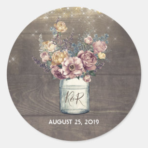Pegatina Redonda Mason Jar Gold y Mauve Boda