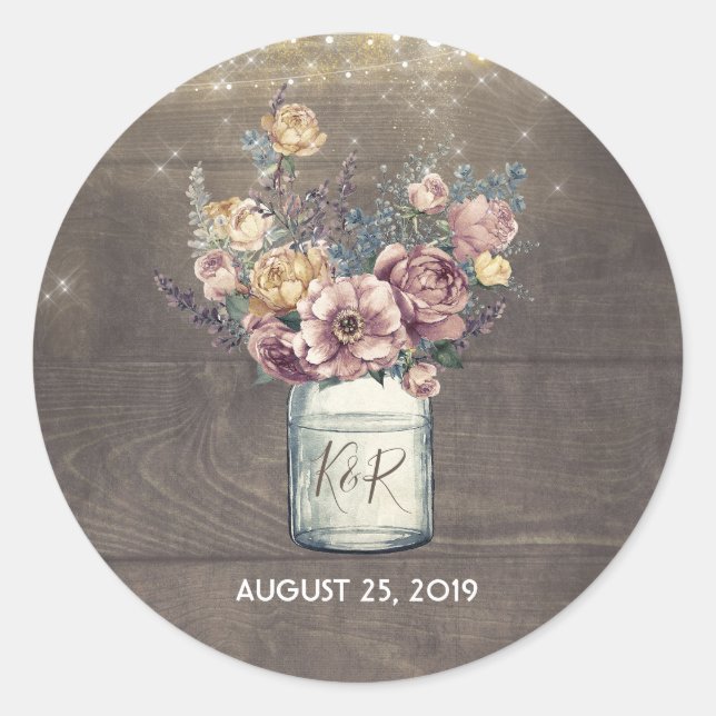 Pegatina Redonda Mason Jar Gold y Mauve Boda (Anverso)