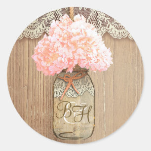 Pegatina Redonda Mason Jar Pink Hydrangea Boda Rústico Floral