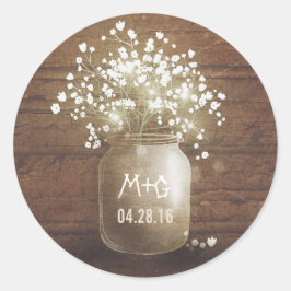 Pegatina Redonda Mason Jar Rustic Wood Boda