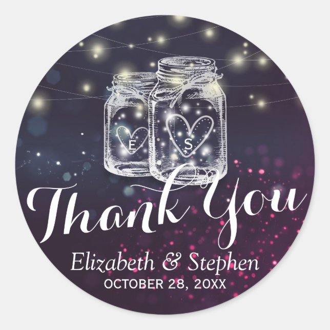 Pegatina Redonda Mason Jar & String Lights Favor De La Boda Gracias (Anverso)