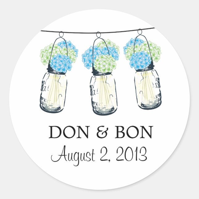 Pegatina Redonda Mason Jar y Hydrangeas Boda (Anverso)