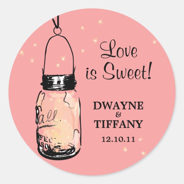 Pegatina Redonda Mason Jar y las luciérnagas rusticas (Anverso)