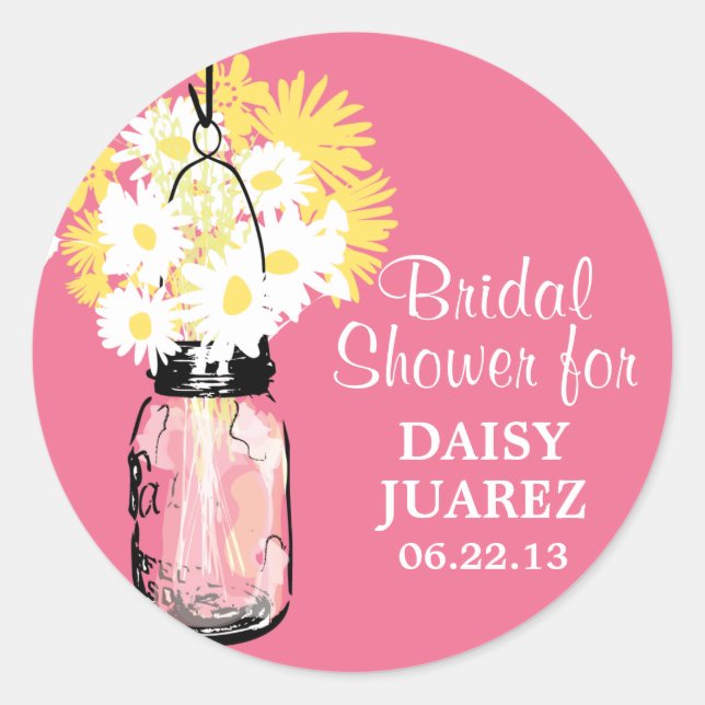 Pegatina Redonda Mason Jar y White Daisies Bridal Shower (Anverso)