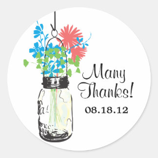 Pegatina Redonda Mason Jar y Wildflowers Boda