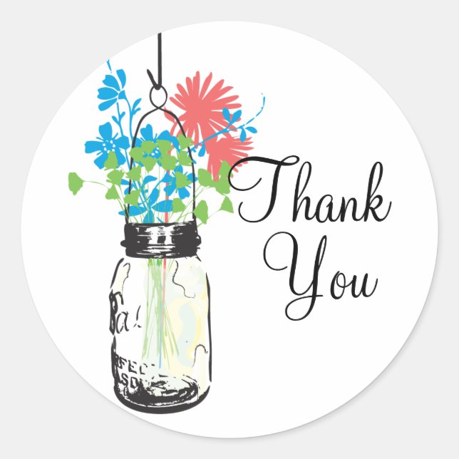 Pegatina Redonda Mason Jars and Wildflowers Gracias (Anverso)