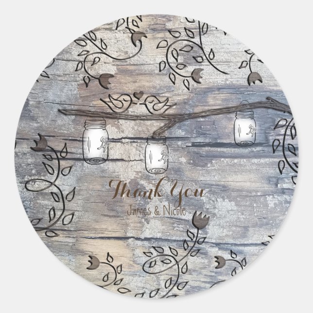 Pegatina Redonda Mason Jars & Love Birds Rústic Branch Boda (Anverso)