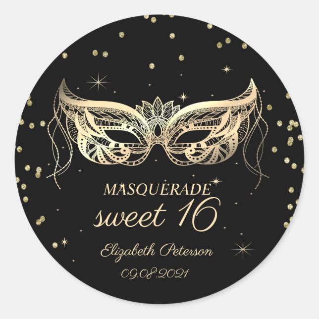 Pegatina Redonda Masquerade Gold Diamonds Dulces 16  (Anverso)