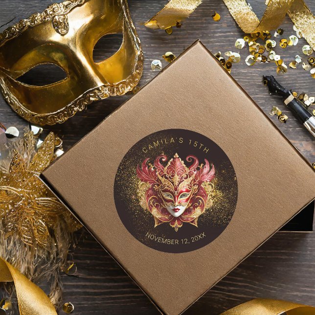 Pegatina Redonda Masquerade Quinceanera Red Gold V2 ID1031 (Subido por el creador)