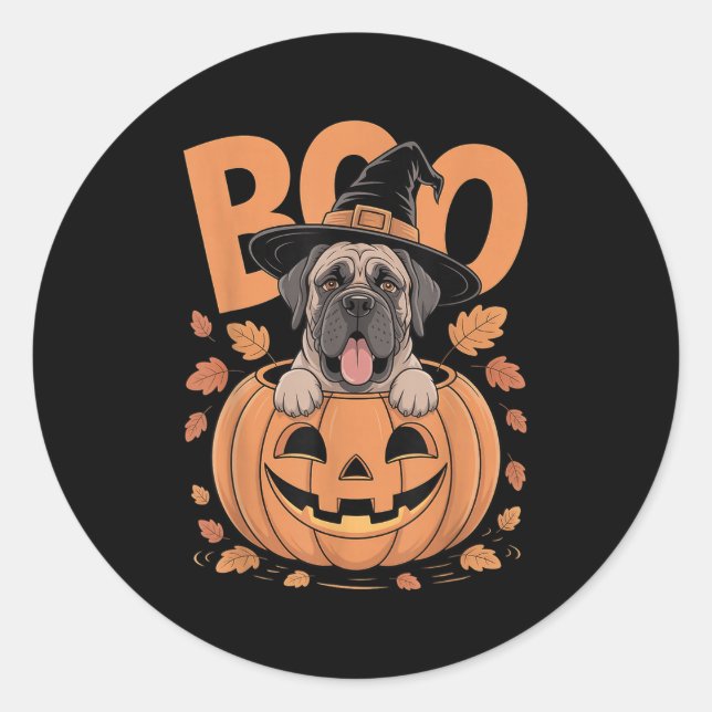 Pegatina Redonda Mastiff Costume On Pumpkin Halloween Mastiff  (Anverso)