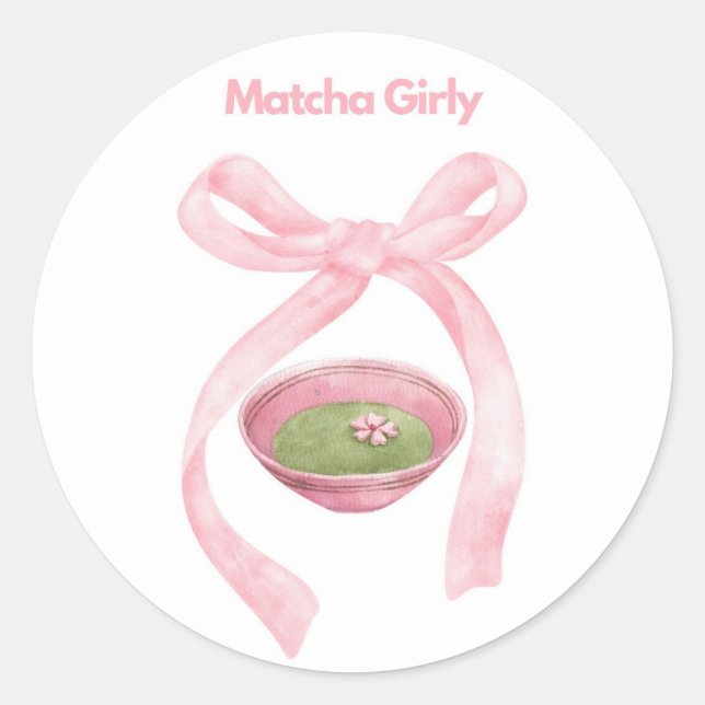 Pegatina Redonda Matcha Girly Pegatina, Matcha, Coquette Bow (Anverso)