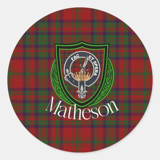 Pegatina Redonda Matheson Scottish Clan Tartan & Crest (Anverso)