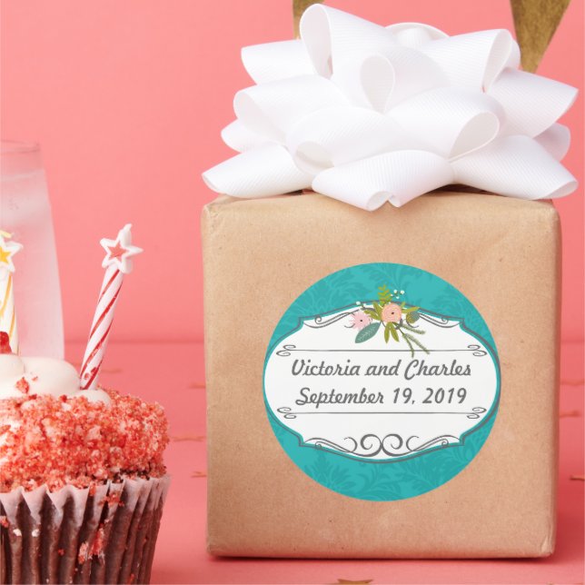 Pegatina Redonda Matrimonio de Damasco de Chartreuse Turquesa Moder (Fiesta)