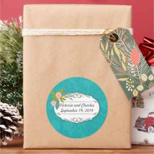 Pegatina Redonda Matrimonio de Damasco de Chartreuse Turquesa Moder