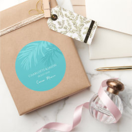 Pegatina Redonda Matrimonio personalizado de hojas tropicales turqu