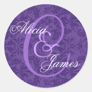 Pegatina Redonda Matrimonio Royal Purple Damask Cualquier Monograma