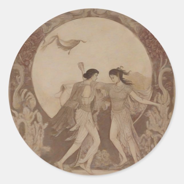 Pegatina Redonda Matrimonio sumeriano en la Luna de Otoño (Anverso)