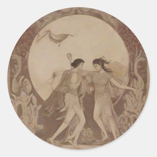 Pegatina Redonda Matrimonio sumeriano en la Luna de Otoño (Anverso)