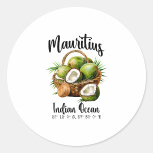 Pegatina Redonda Mauritius Coco Océano Índico Isla Tropical Gps