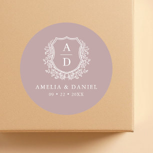 Pegatina Redonda Mauve Escudo Monograma moderno Boda