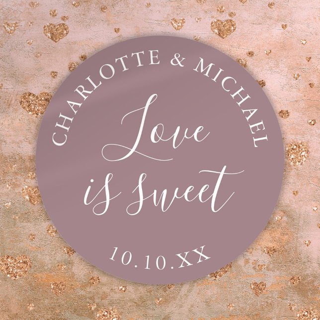 Pegatina Redonda Mauve Love is Sweet Wedding Favor (Mauve Love Is Sweet Wedding Favor Classic Round Sticker)