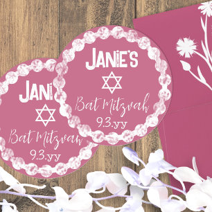 Pegatina Redonda Mauve Pink Bat Mitzvah Personalizado