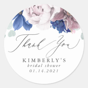 Pegatina Redonda Mauve y Azul Marino Floral Gracias