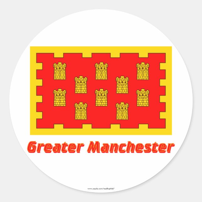 Pegatina Redonda Mayor bandera de Manchester con nombre (Anverso)