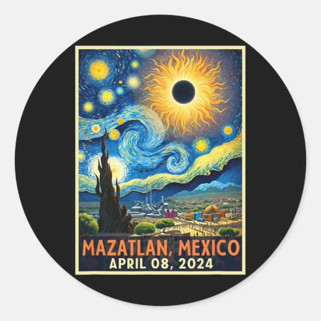 Pegatina Redonda Mazatlán México Eclipse solar total 2024 Starry Ni (Anverso)