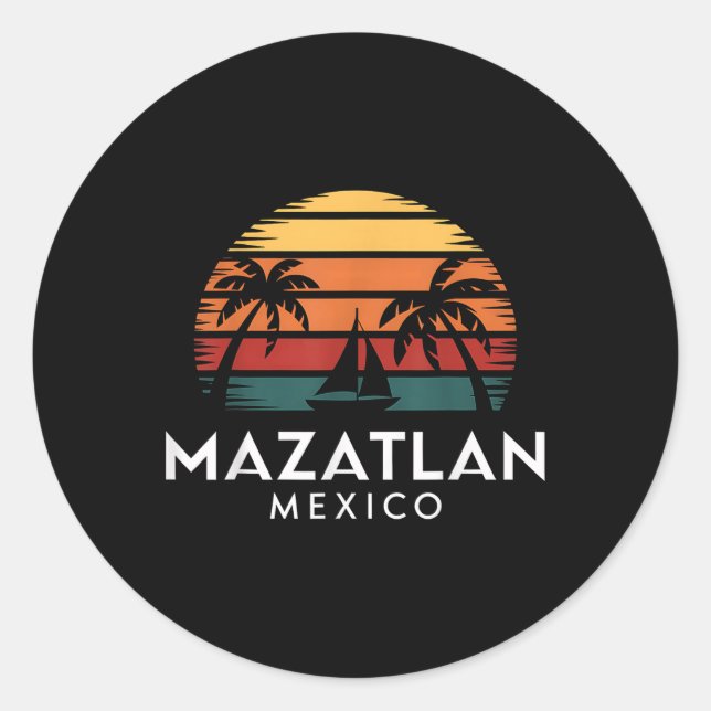 Pegatina Redonda Mazatlan Mexico Retro Sunset Sailboat Vacation Sou (Anverso)