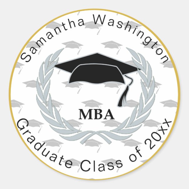 Pegatina Redonda MBA Master Graduate Cap Pattern Gold Border (Anverso)