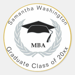 Pegatina Redonda MBA Master Graduate Cap Silver Wreath Gold Border