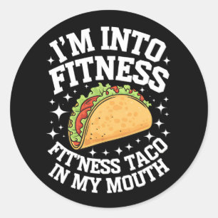 Pegatina Redonda Me apasiona el fitness Taco de fitness en mi boca 