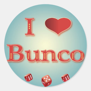 Pegatina Redonda Me encanta Bunco en rojo con dados rojos