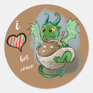 Pegatina Redonda Me encanta el café caliente Navidades Dragon