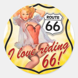 Pegatina Redonda Me encanta el Chica de Ridding Route 66 Pin Up