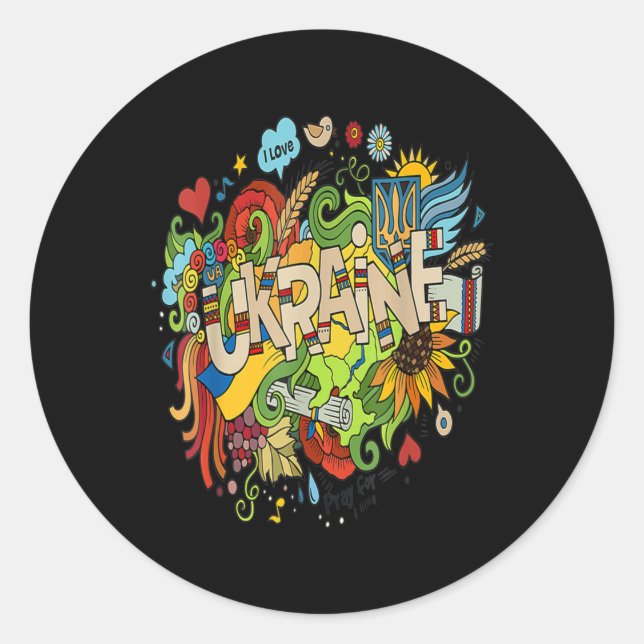 Pegatina Redonda Me encanta el garabato de Ucrania con la bandera u (Anverso)