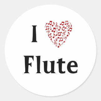 Pegatina Redonda Me encanta la flauta Red Heart of Music Notes