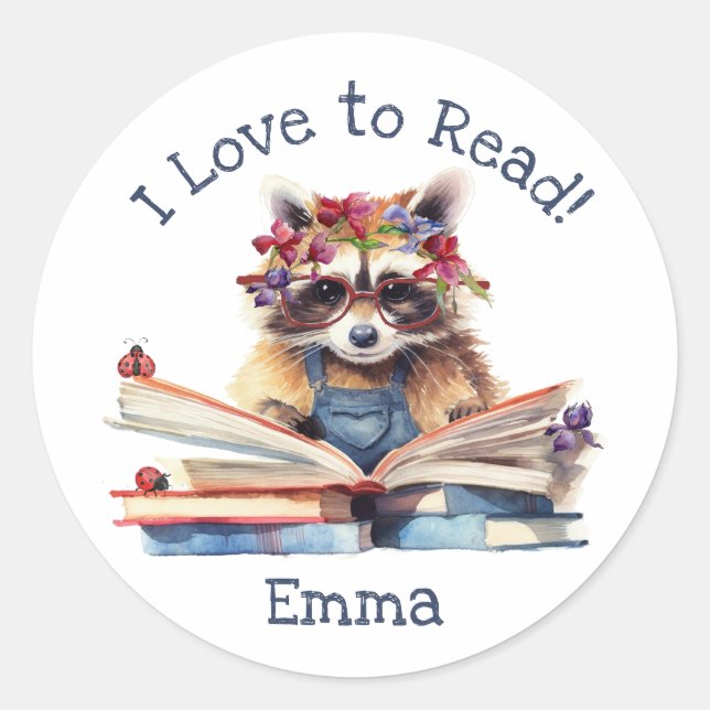 Pegatina Redonda Me encanta leer con cute bebé mapache (Anverso)