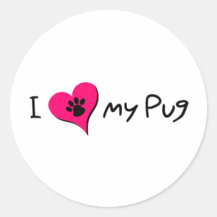 Pegatina Redonda Me encanta mi cita de pug con pintura en el corazó