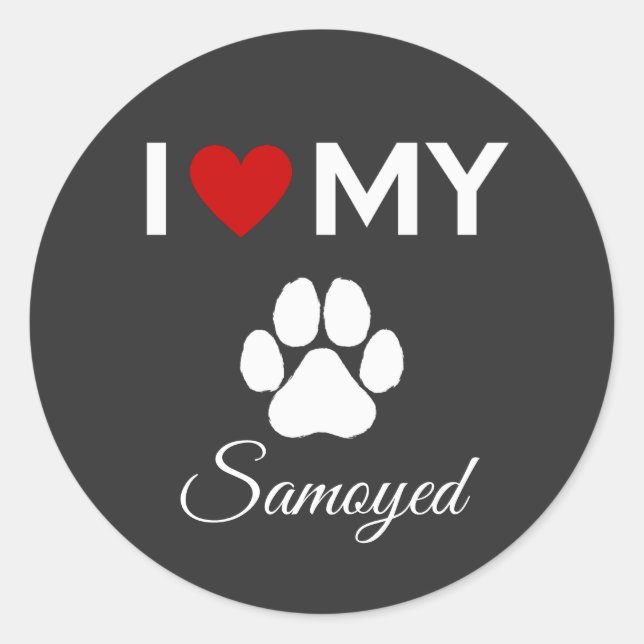 Pegatina Redonda Me encanta mi personalizado de perro Samoyed. (Anverso)