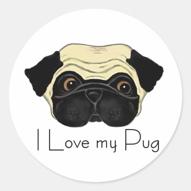 Pegatina Redonda Me encanta mi pug lindo pug y mi cita de amor (Anverso)