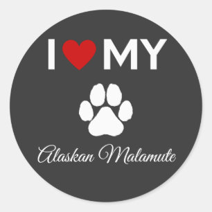 Pegatina Redonda Me encanta mi texto personalizado de perro Malamut