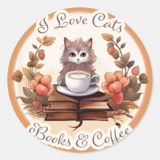 Pegatina Redonda Me encantan los gatos, los libros y el café