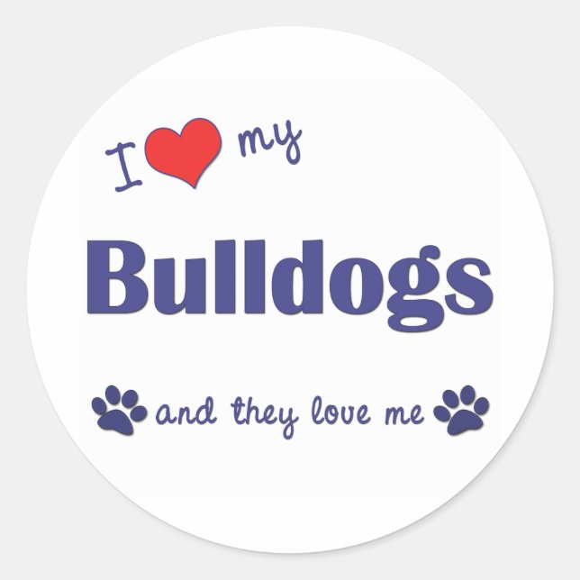 Pegatina Redonda Me encantan mis Bulldoges (varios perros) (Anverso)