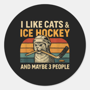 Pegatina Redonda Me gustan los gatos, el hockey sobre hielo y tal v